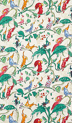 Kinderzimmer Tapete Stoff bunt rot blau grün gelb weiss Vögel Papageien Blätter Hintergrund hell beige