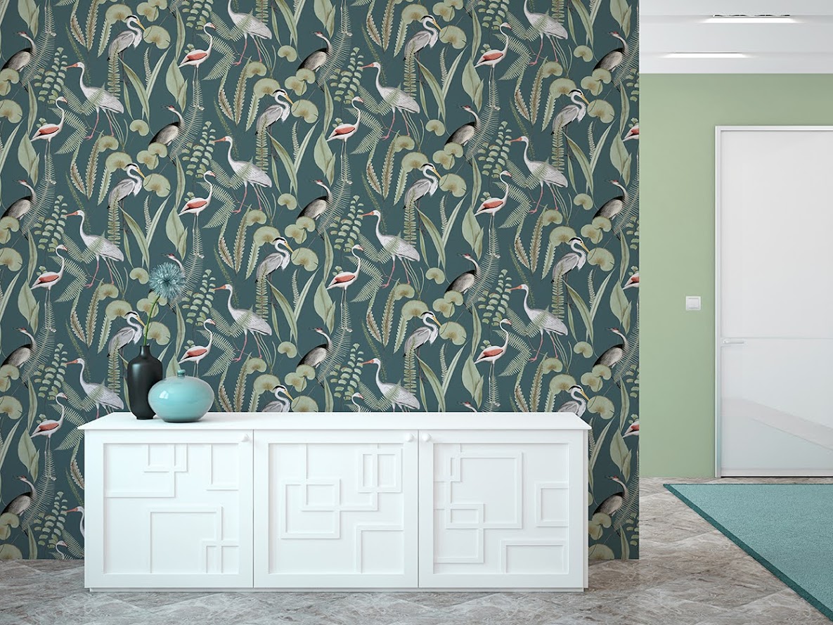 belgisches Tapeten Design grün Vögel Decoprint im Wohnzimmer