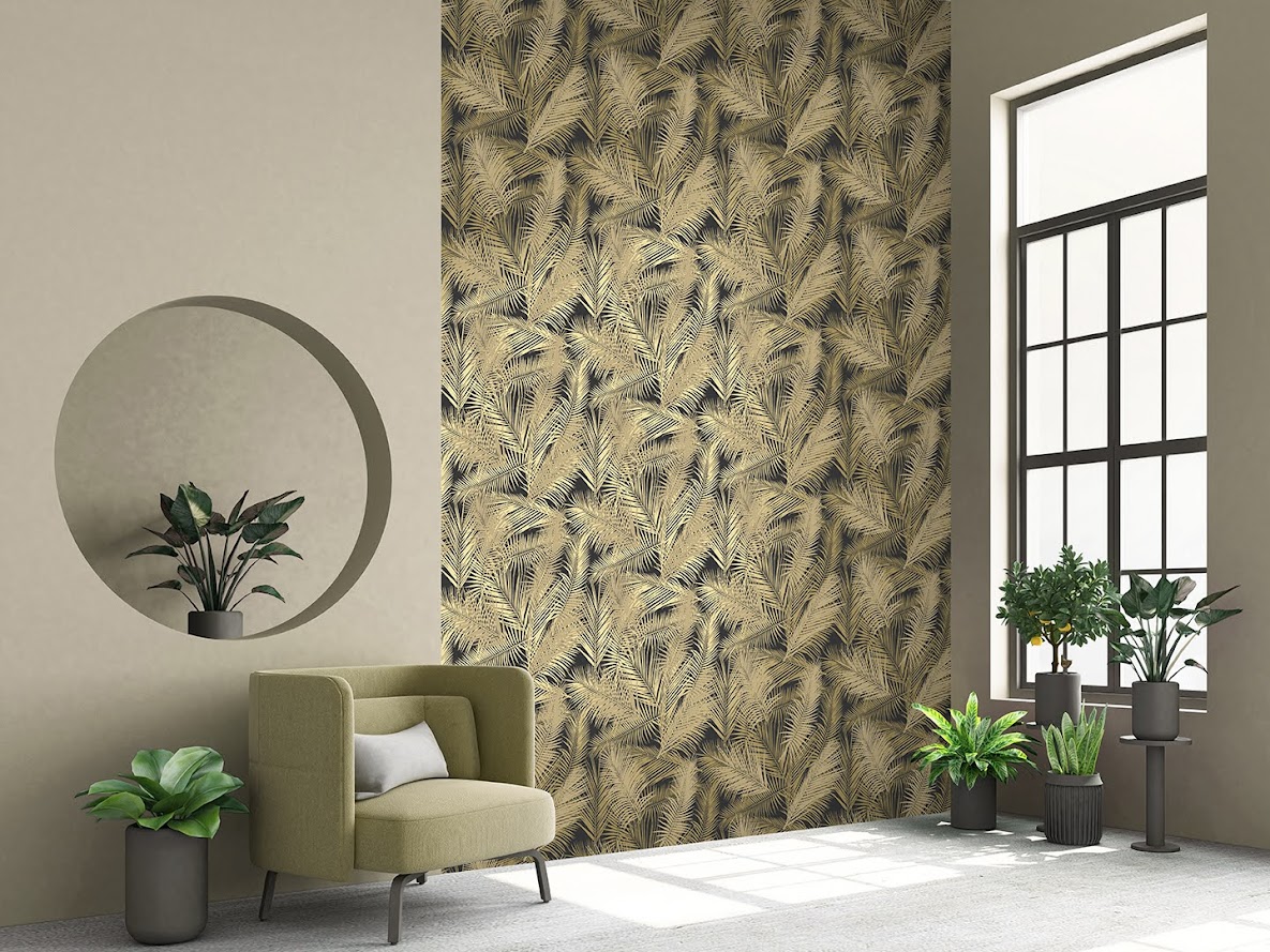 Tapeten Design Decoprint Blätter Farn beige schwarz aus Belgien im Wohnzimmer
