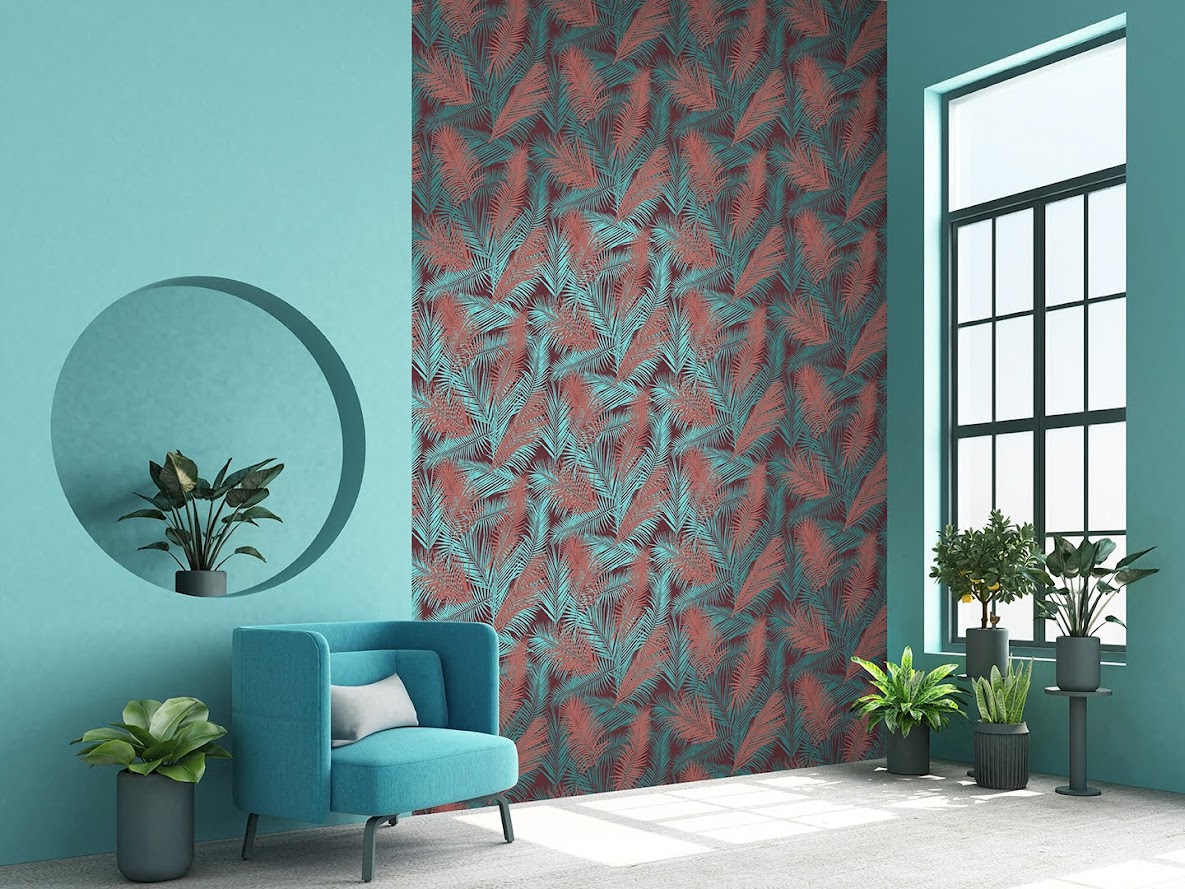 Tapeten Design Blätter Farn rot grün braun Decoprint aus Belgien im Wohnzimmer