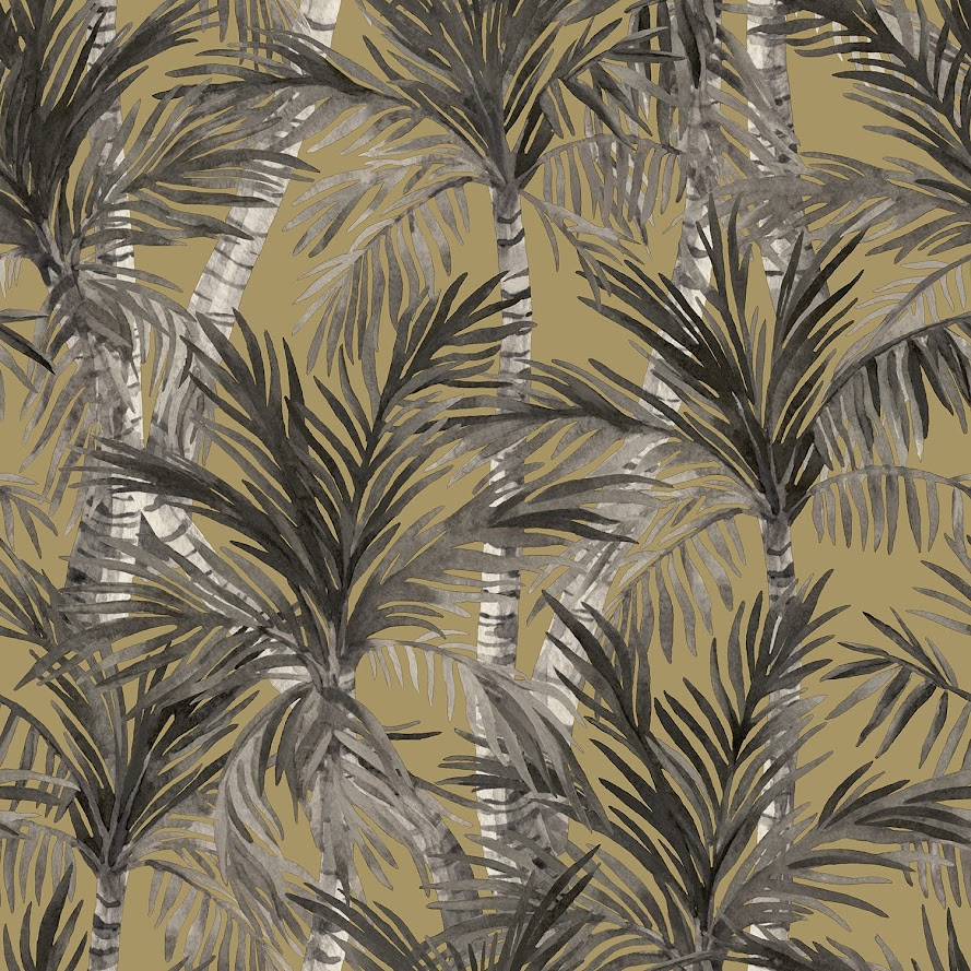 belgisches Tapeten Design Blätter Bäume senffarben schwarz weiss Decoprint aus Berlin online kaufen