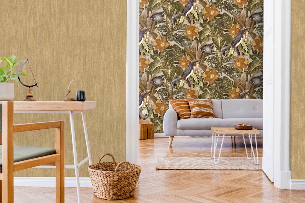 Tapete im Wohnzimmer aus der Hohenberger Tapeten Manufaktur in Deutschland