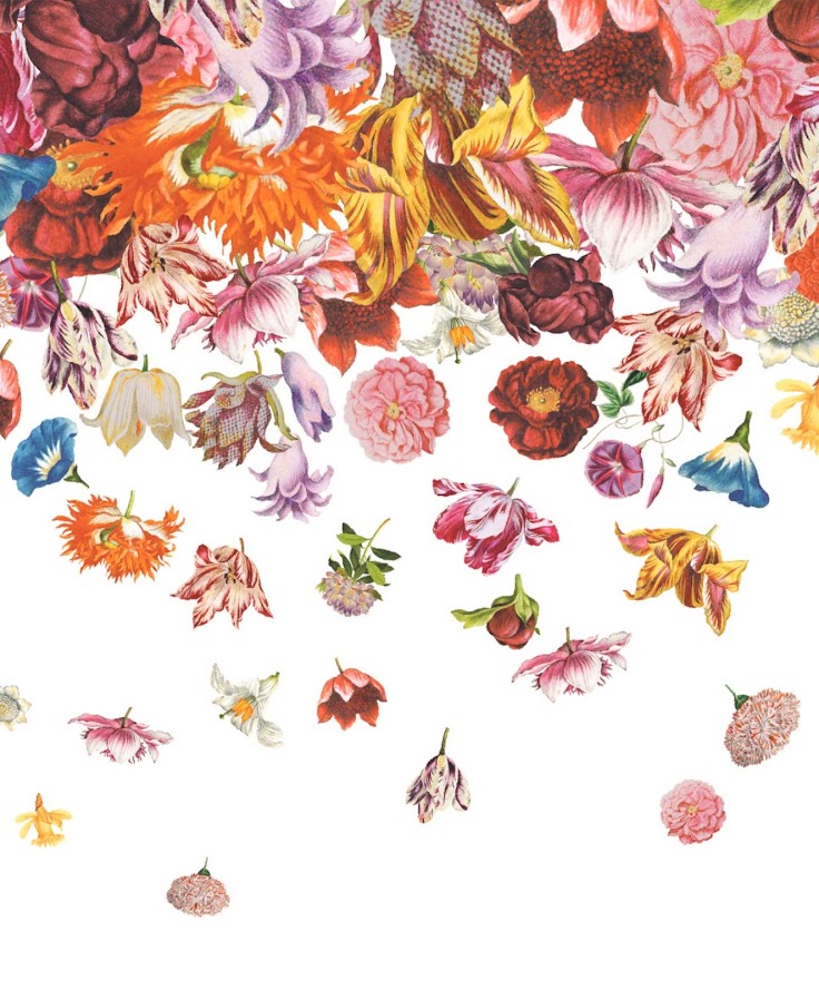 Tapete bunte Blumen auf weiss aus der Hohenberger Tapeten Manufaktur in Deutschland