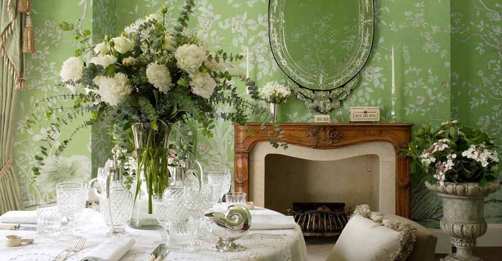 Edle Luxus Tapete Blumen Seidentapete grün weiss geblümt zum online kaufen