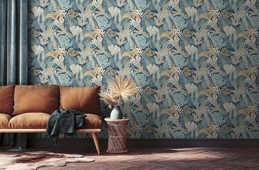 Tapeten Design aus Frankreich blau grün Blätter im Wohnzimmer