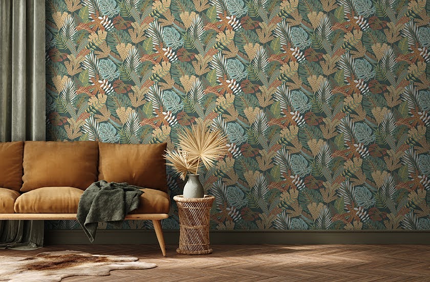 Tapeten Design Blätter grün blau beige weiss Decoprint aus Belgien im Wohnzimmer