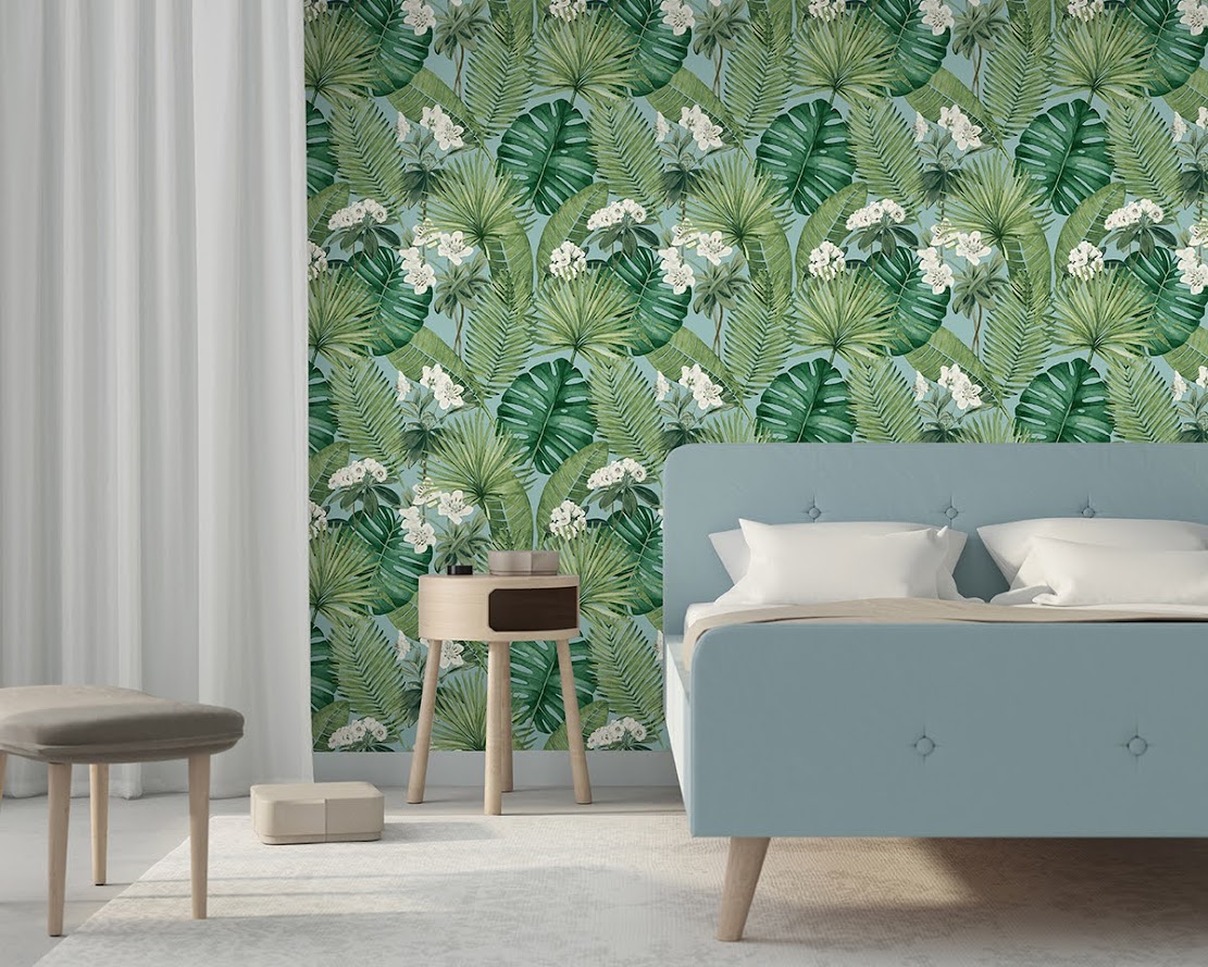 Tapeten Design Blätter Blumen Blüten grün weiss Decoprint aus Belgien im Schlafzimmer