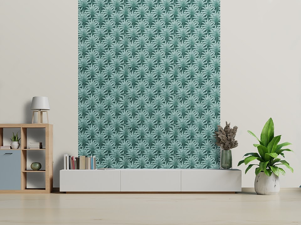 Tapeten Design Pflanzen grün schwarz blau Decoprint aus Belgien im Wohnzimmer