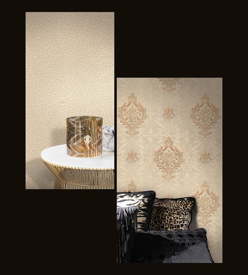 besonders exklusive Tapeten beige gold vom Designer aus Italien im Wohnzimmer