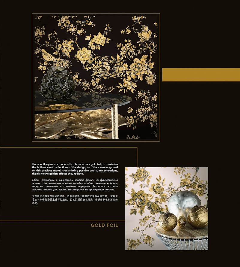 besonders exklusive Tapeten schwarz gold Blumen u. Vögel vom Designer Roberto Cavalli aus Italien im Wohnzimmer