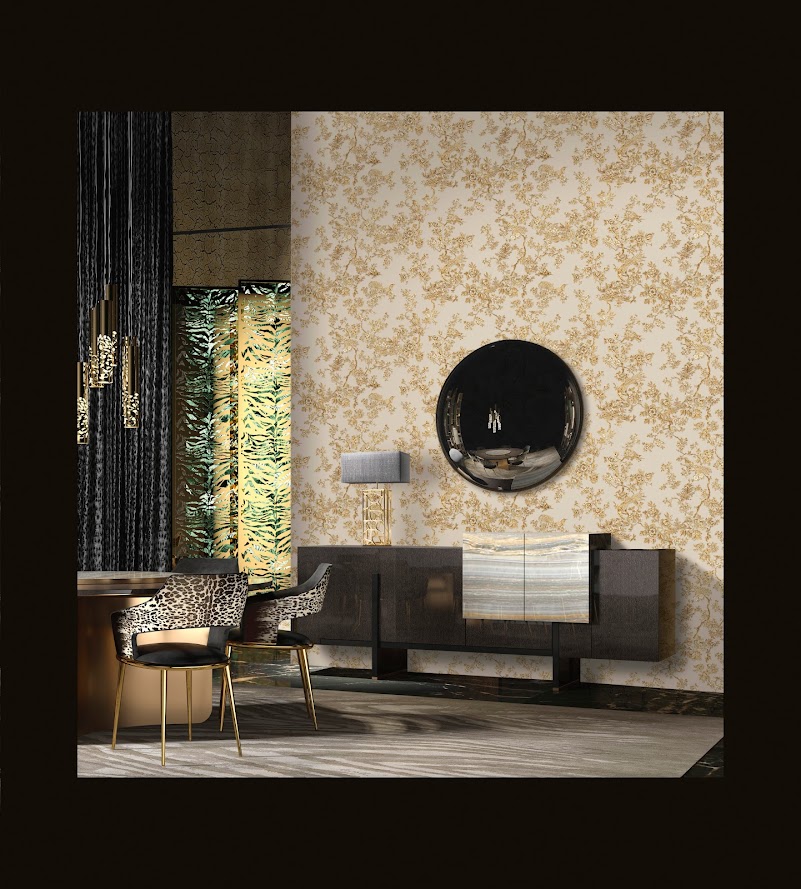 exklusives italienisches Tapeten Design beige gold Blumen u. Vögel im Wohnzimmer