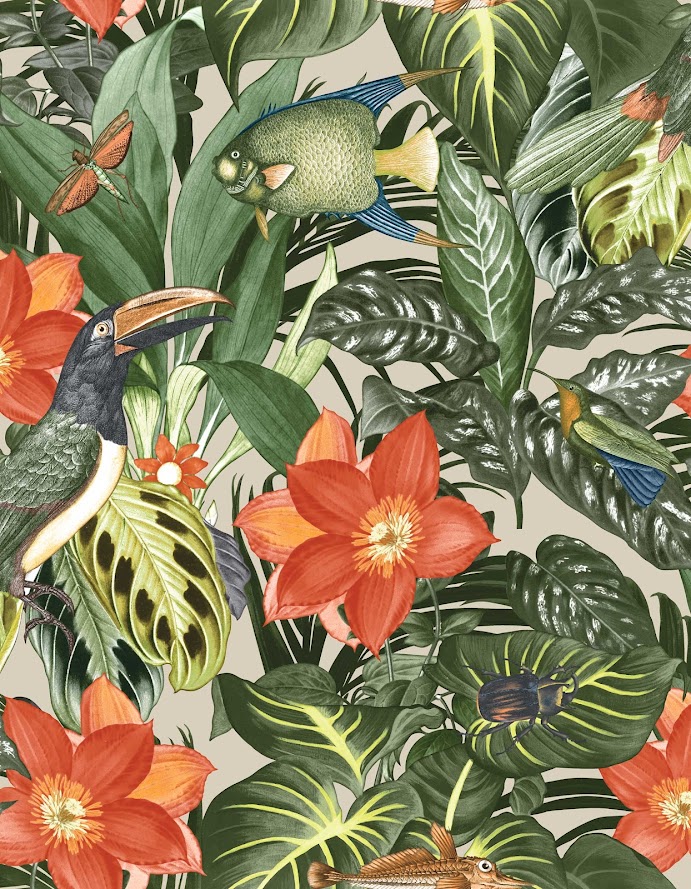 Tapete Blumen orange und grün aus der Hohenberger Tapeten Manufaktur in Deutschland