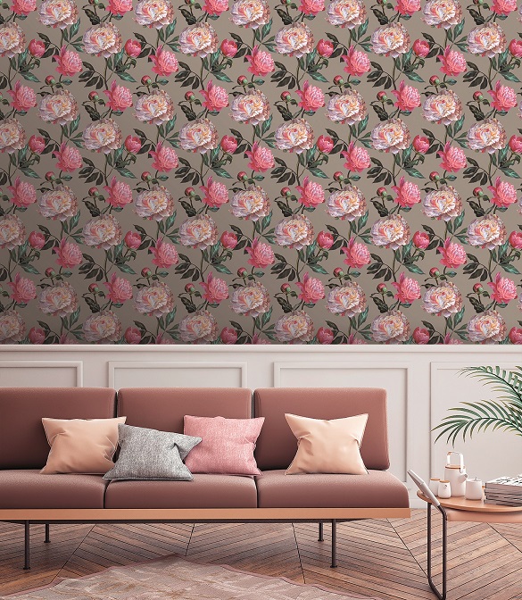 Tapete im Wohnzimmer grün mit Rosen rosa und Pfingsrosen rot in Berlin kaufen